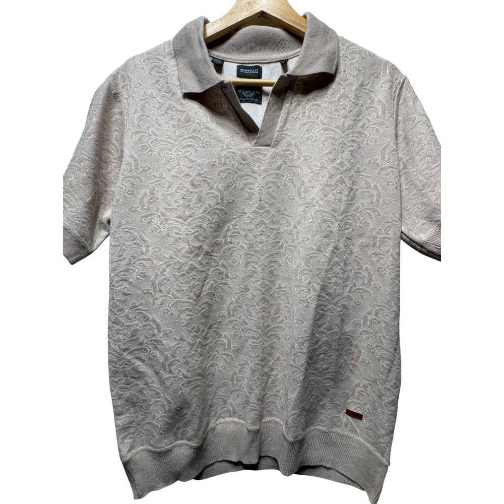 Buffalo David Polo Mens Medium Tan Damask Jacquard Knit Short Sleeve Shirt